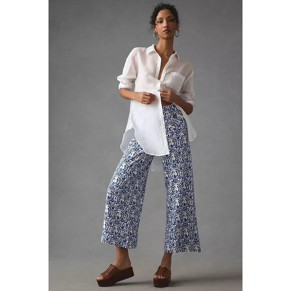 Anthropologie Maeve Linen Bird Printed Palazzo Wide Leg Pants Sz 10 Tall